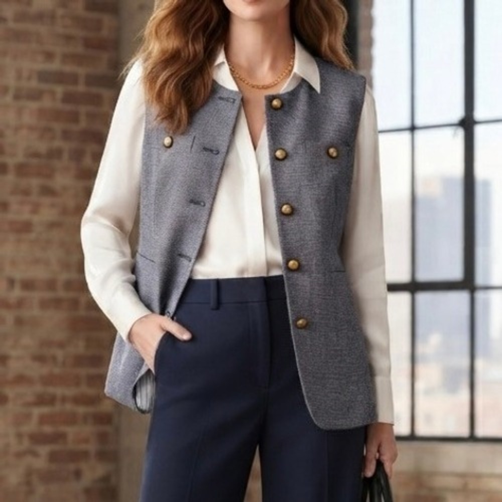 Rachel Zoe Blue Textured Longline Vest Gold Crest Button Pinstripe Lining Size 8